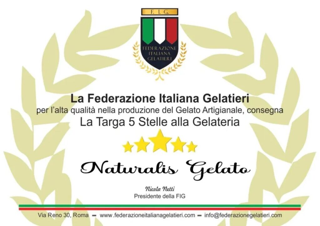 The Five Star plaque awarded by the Italian Federation of Gelato Makers